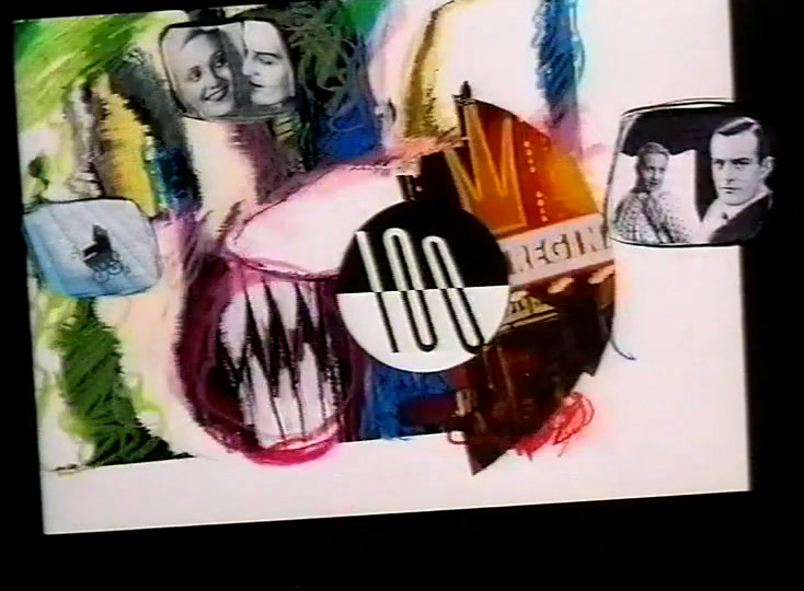 Oranssiksi sävytetty pysäytyskuva elokuvasta, jossa nainen ja mies, valkoiset kiilat leikkaavat heidän ylitseen