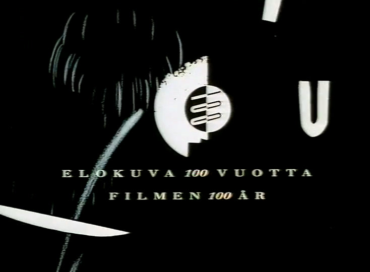 Maalattu maisemakollaasi, jossa leikattuja muotokuvia ja 100-ympyrä keskellä
