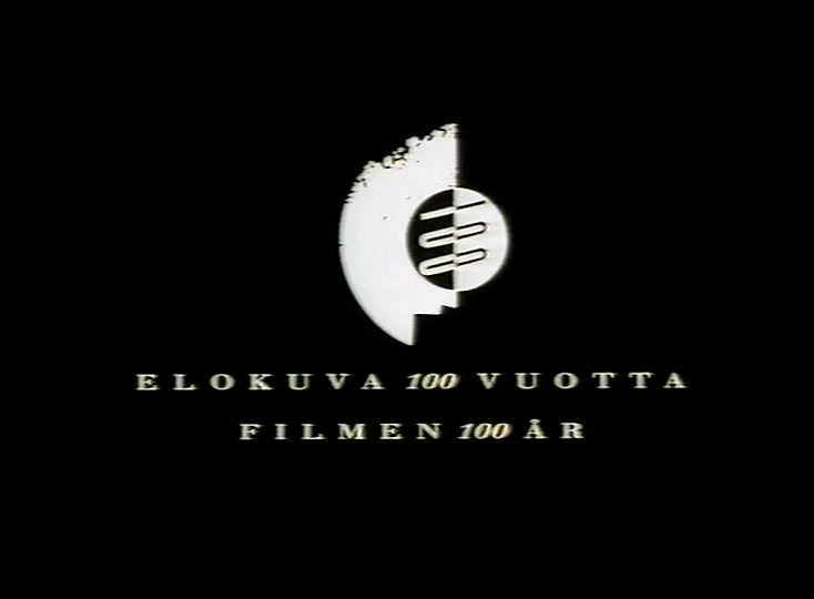Valkoisia paperimuotoja sinkoilee mustalla pohjalla rivien ELOKUVA 100 VUOTTA ja FILMEN 100 ÅR yllä