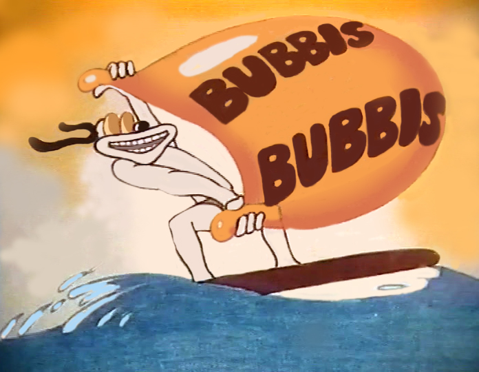 Kuva elokuvasta Suklaa Bubbis, surffari ratsastaa sinisellä aallolla ja pitää valtavaa oranssia kuplaa, jossa lukee kahdesti BUBBIS