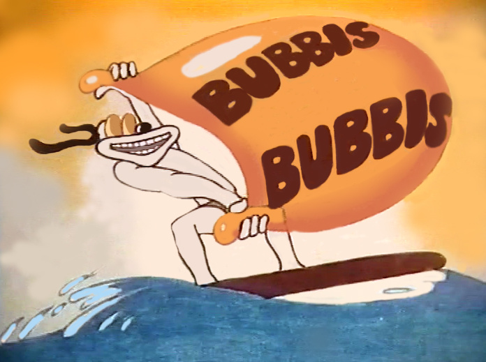 Still from Chocolate Bubbis, a surfer rides a blue wave holding a whole orange bubble lettered BUBBIS twice