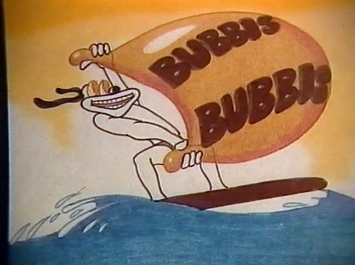 Piirretty surffari ratsastaa aallolla ja pitää ylhäällä valtavaa kuplaa, johon on tekstattu BUBBIS kahdesti.