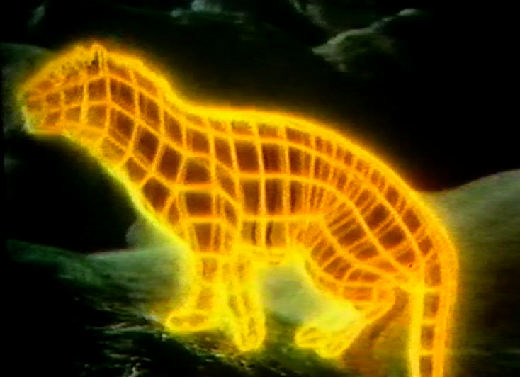 Hehkuva keltainen rautalankatiikeri kävelee Esso Uniflo -pullon edessä.