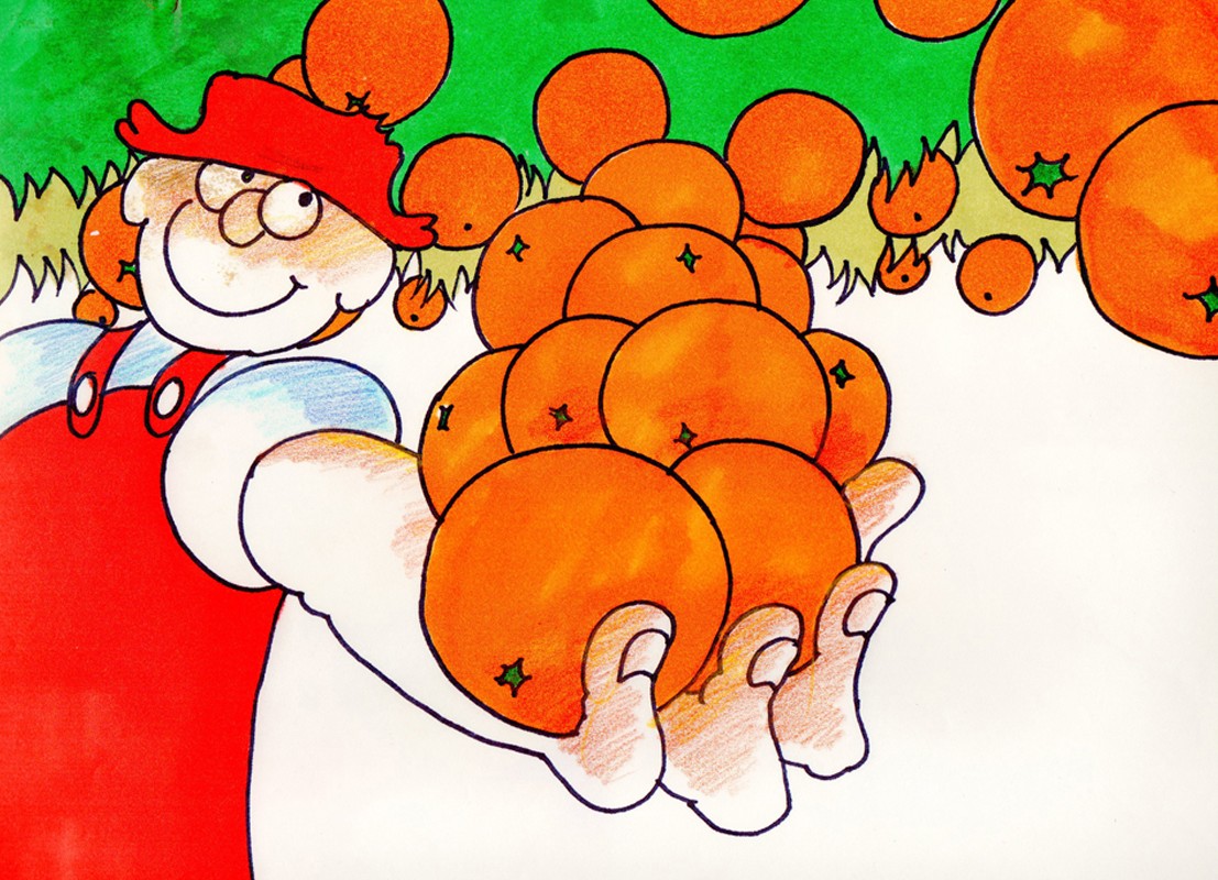 Drawing for Farmarin Juissi: the smiling farmer holds out a heaped armful of oranges under the trees.