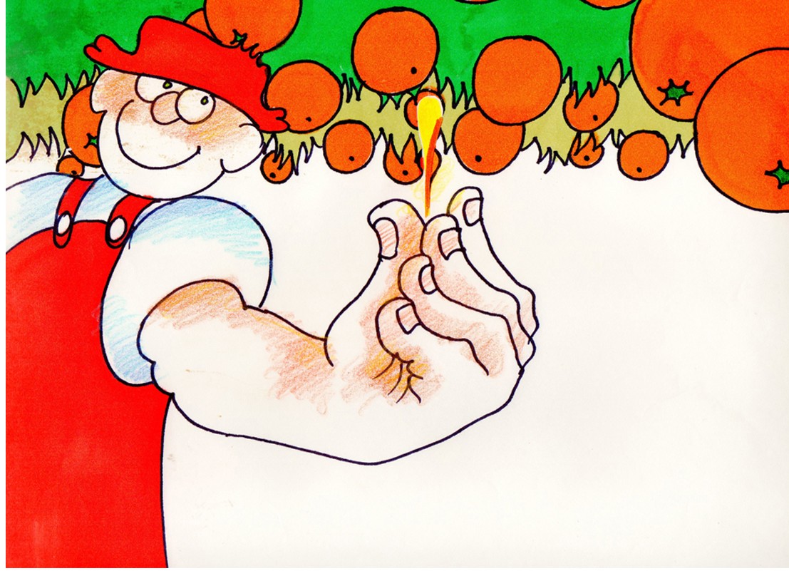 Drawing for Farmarin Juissi: the farmer squeezes something between finger and thumb and a single golden drop of juice falls.