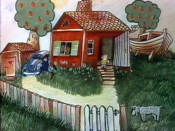 Lähempänä taloa esiliinaan pukeutunut nainen vilkuttaa ovelta; videovaurio juovittaa kuvan alareunaa.