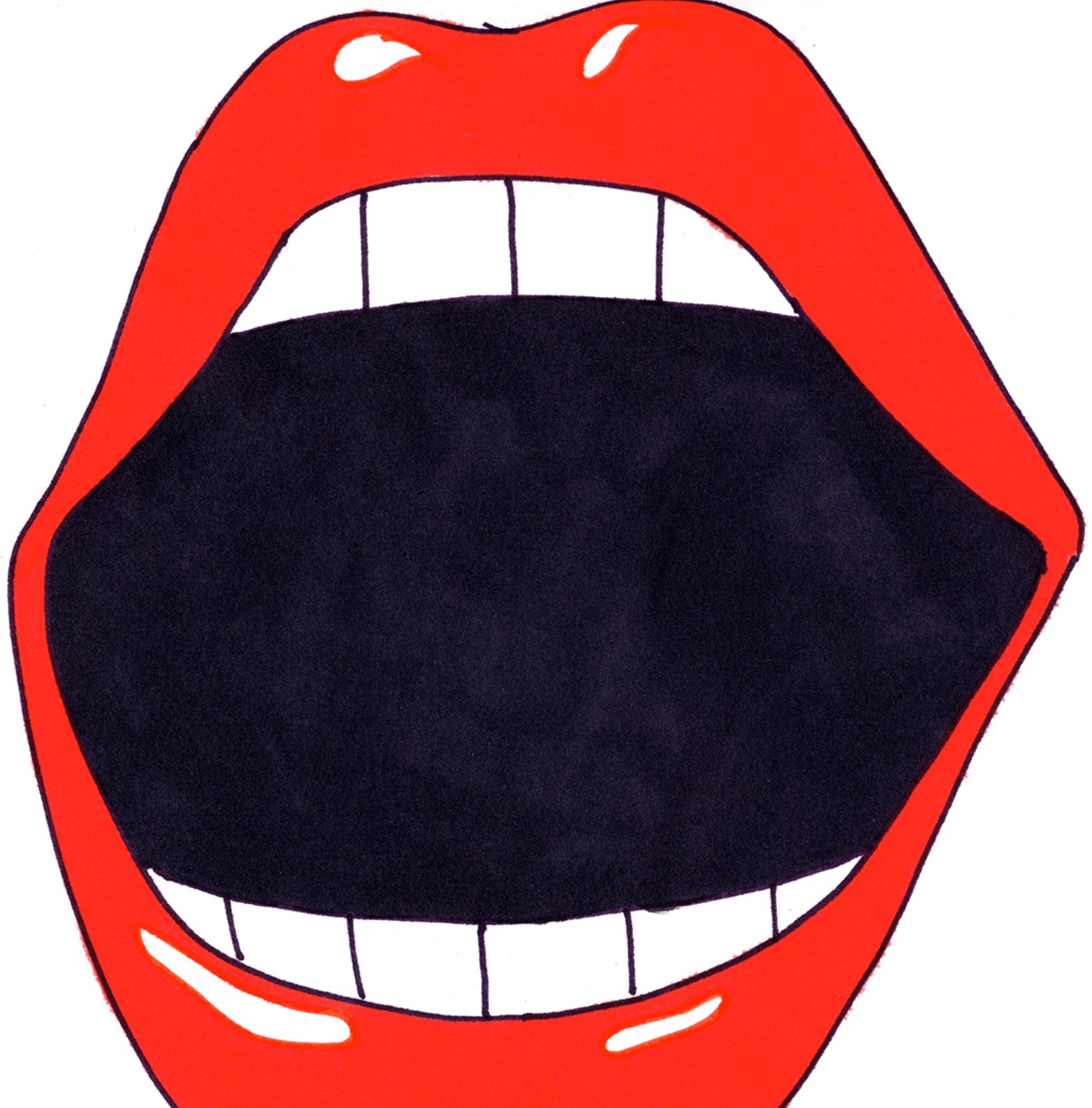 Drawing for Formia Ksylitol: a huge open mouth with glossy red lips and two rows of white teeth around a black interior.