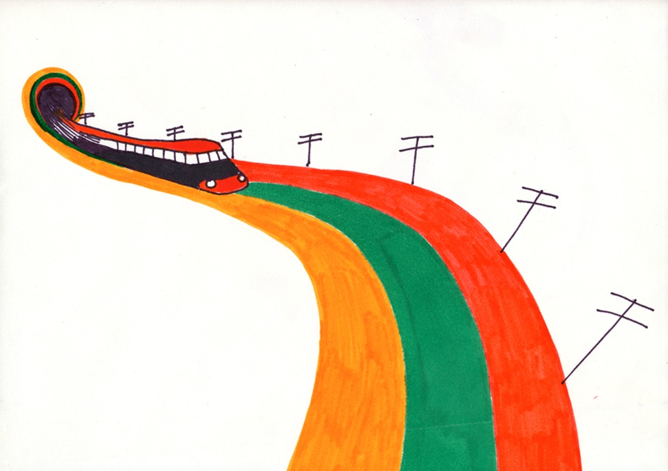 Drawing for Formia Ksylitol: a small red train runs out of a spiral along a road striped orange, green and red, past telegraph poles.