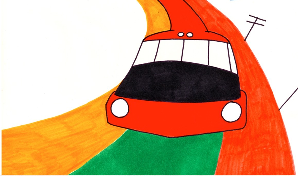Drawing for Formia Ksylitol: the red train rushes head-on down the striped road towards the viewer, its headlights round and white.