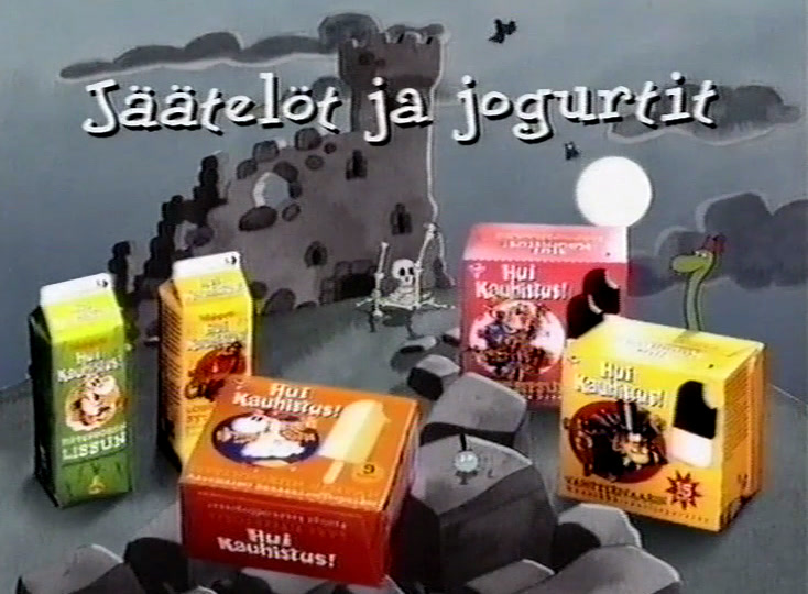 Koko pakkausvalikoima kallioilla käsin tekstatun tekstin Jäätelöt ja jogurtit alla