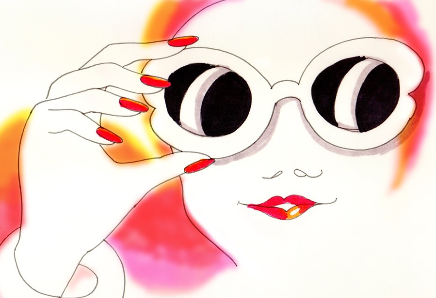 Still from Invite, Hi!: a red-nailed hand takes hold of the white sunglasses to lift them.