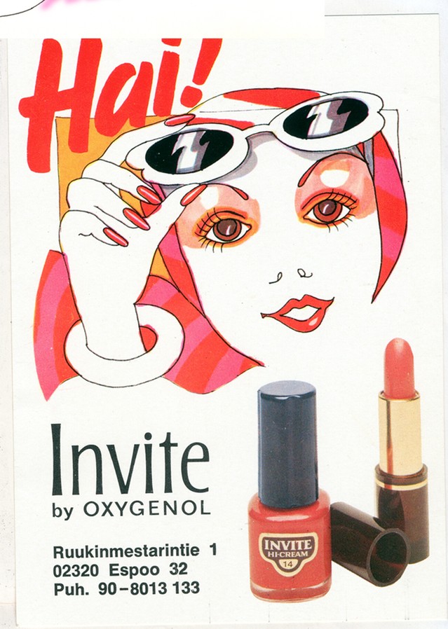 Magazine advertisement headed "Hai!": Marjut’s drawing of the woman lifting her white sunglasses, above the words Invite by Oxygenol, a bottle of nail varnish and a lipstick, and an address in Espoo.