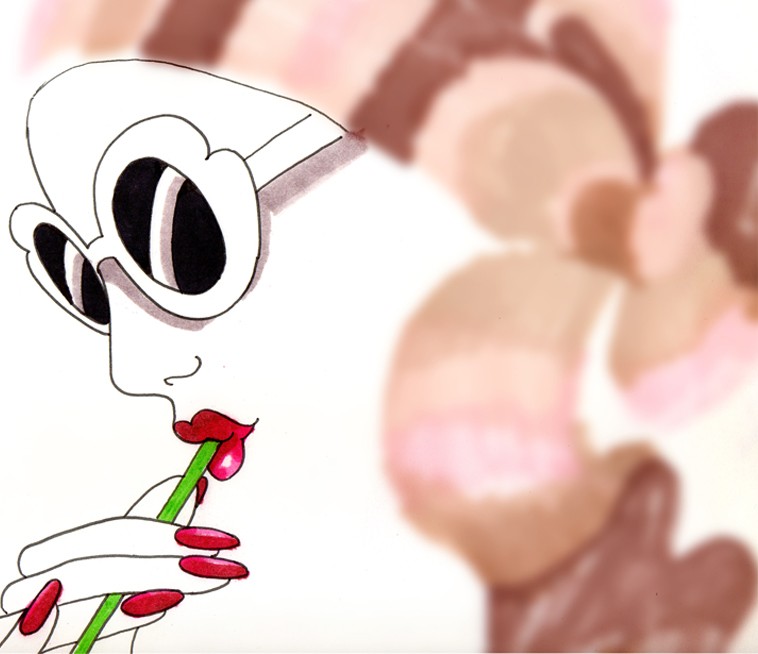 Still from Invite, Hi!: the woman in profile again, red lips at the straw, red nails, her scarf now a blur of brown and pink.
