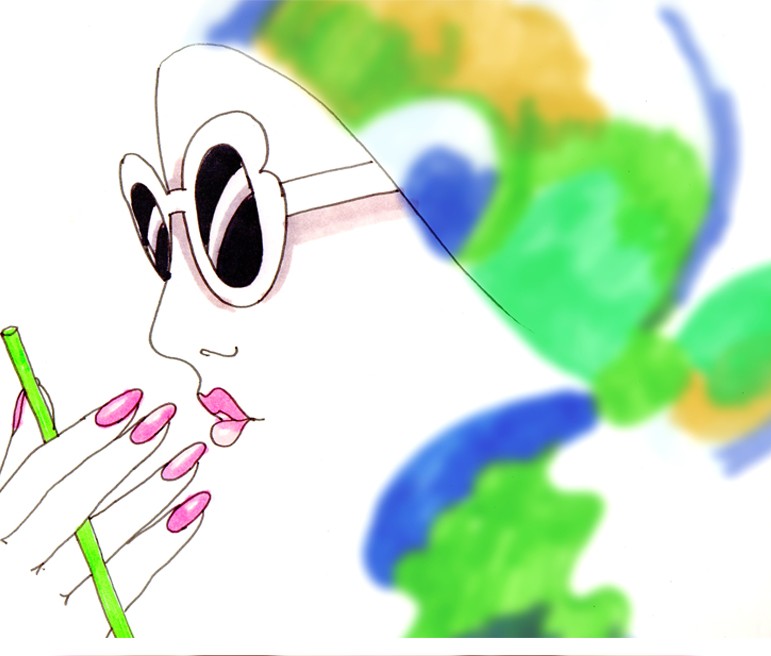 Still from Invite, Hi!: a woman in profile, in white sunglasses, sips through a green straw with pink nails, her scarf a soft blur of green and blue.