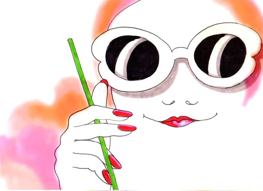 Still from Invite, Hi!: the woman faces us in round white sunglasses, red lips, a green straw in her red-nailed hand, a blurred pink and orange scarf behind.