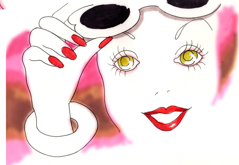 Still from Invite, Hi!: the sunglasses pushed up on her head, the woman looks out with green eyes and smiles with red lips, a white bangle on her wrist.