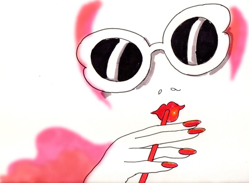 Still from Invite, Hi!: the woman in white sunglasses touches a red lipstick to her lips, a blurred pink scarf around her.