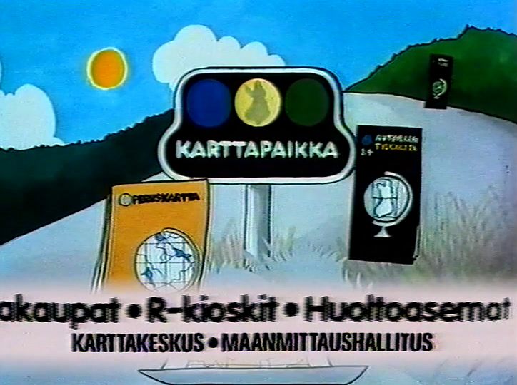 Neljä kartankantta rivissä Karttapaikka-kyltin alla, jälleenmyyjät vierivät alla.