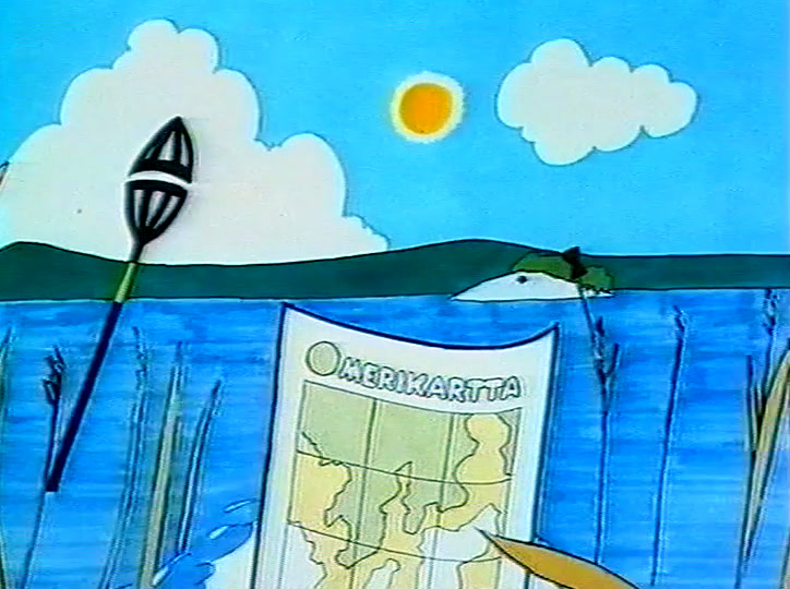 A sea chart lies open over blue water with a marker post standing behind it.
