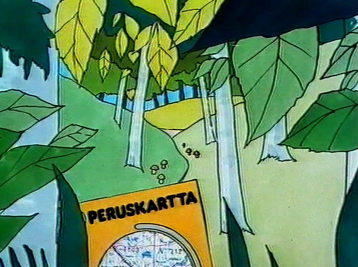 The yellow Peruskartta map in a drawn wood of birches and green undergrowth.