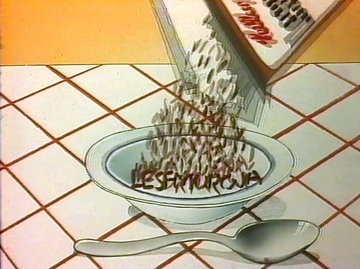 Muroja valuu Kellogg’s Lesemuroja -paketista kulhoon laatoitetulla pöydällä.