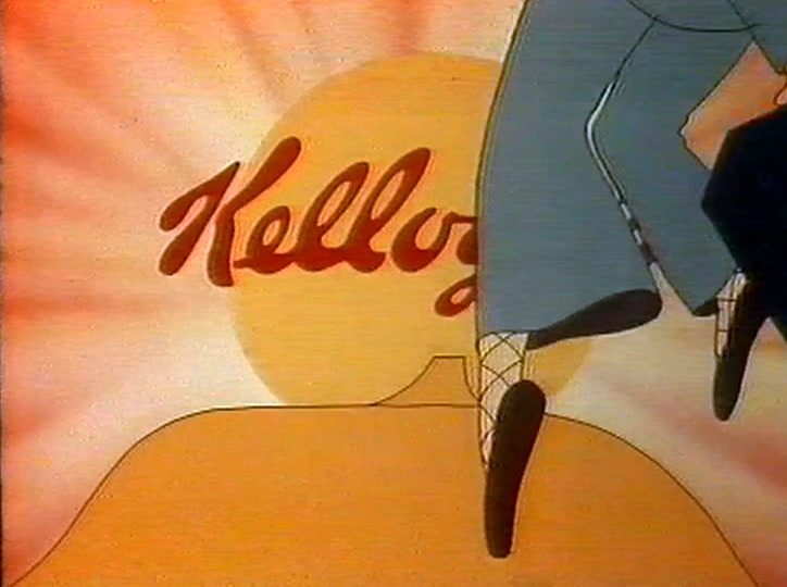 Kellogg’s-käsialalogo nousevan auringon päällä, kun jalat astelevat mäen yli.