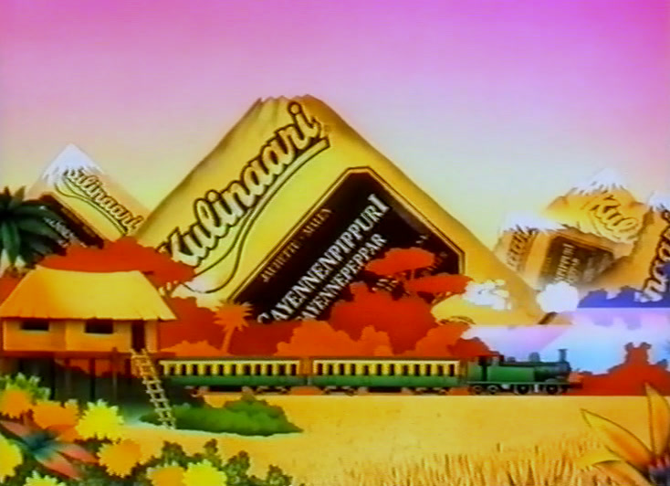 Piirretyssä pyramidissa on viiri majojen, junan ja vaaleanpunaisen taivaan yllä.