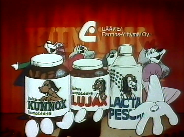 Kunnox-, Lujax- ja Lacta-purkit seisovat yhdessä, Farmos-nimi oikeassa yläkulmassa.