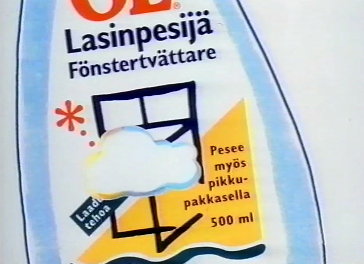 Yleispuhdistaja-pullo vaaleansinisellä, etiketin poikki piirretty roiske.