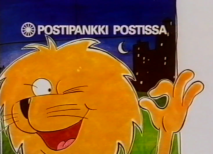 Virnistävä leijona tekstin POSTIPANKKI POSTISSA vieressä, toinen käpälä koholla.