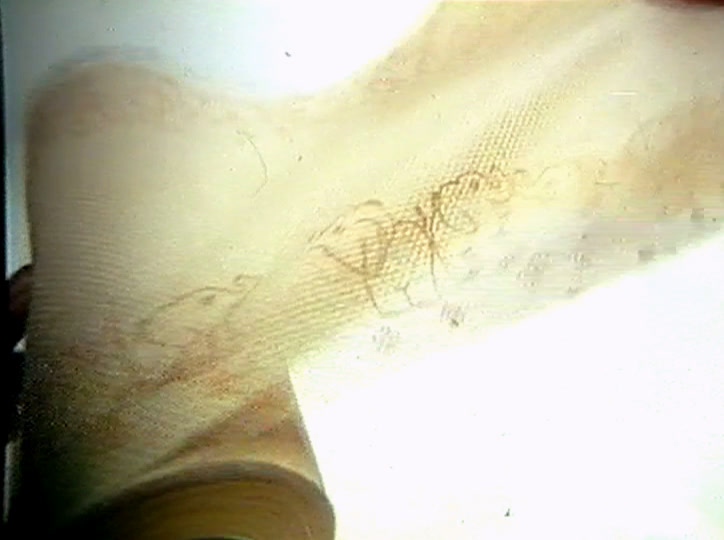 A hand unrolls a kitchen towel, faint elephant printing showing through the sheet
