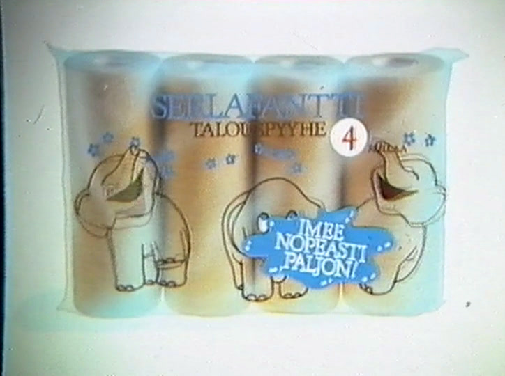 Pack shot of four wrapped rolls, SERLAFANTTI TALOUSPYYHE, blue blob reading IMEE NOPEASTI PALJON