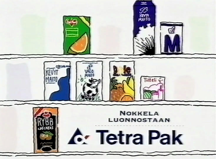 Loppukuva: hyllyllinen piirrettyjä kartonkeja Tetra Pakin logon ja lauseen Nokkela luonnostaan vierellä