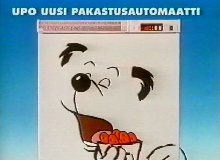 Kaappi virnistää ja elehtii piirretyllä tassulla palkin UPO UUSI PAKASTUSAUTOMAATTI alla.