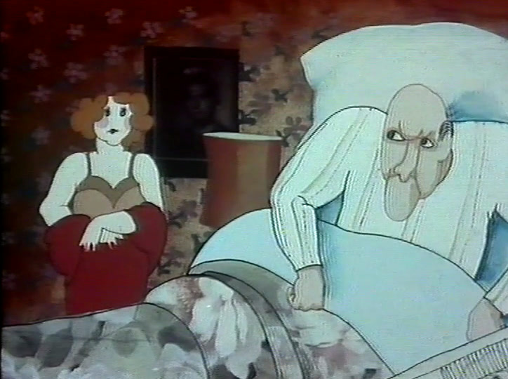 Nainen odottaa alushameessa punaista kukkatapettia vasten, kädet yhdessä.
