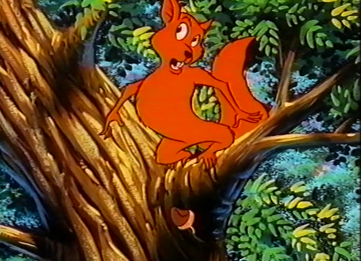 Oranssi piirretty orava istuu hajareisin paljaalla oksalla tassut ylhäällä.