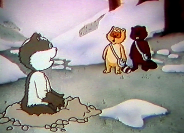 Kaksi piirrettyä pentua, toinen vaaleanruskea ja toinen tummanpunainen, kohtaa vaaleanpunaisessa lumimetsässä.