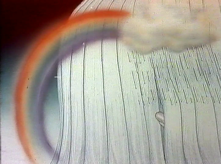 A soft rainbow arcs over a drawn fall of hair in fine pencil lines, a cloud resting on top.