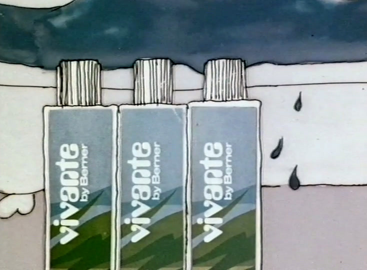 Three Vivante bottles stand large against the drawn bath, drops falling around them.