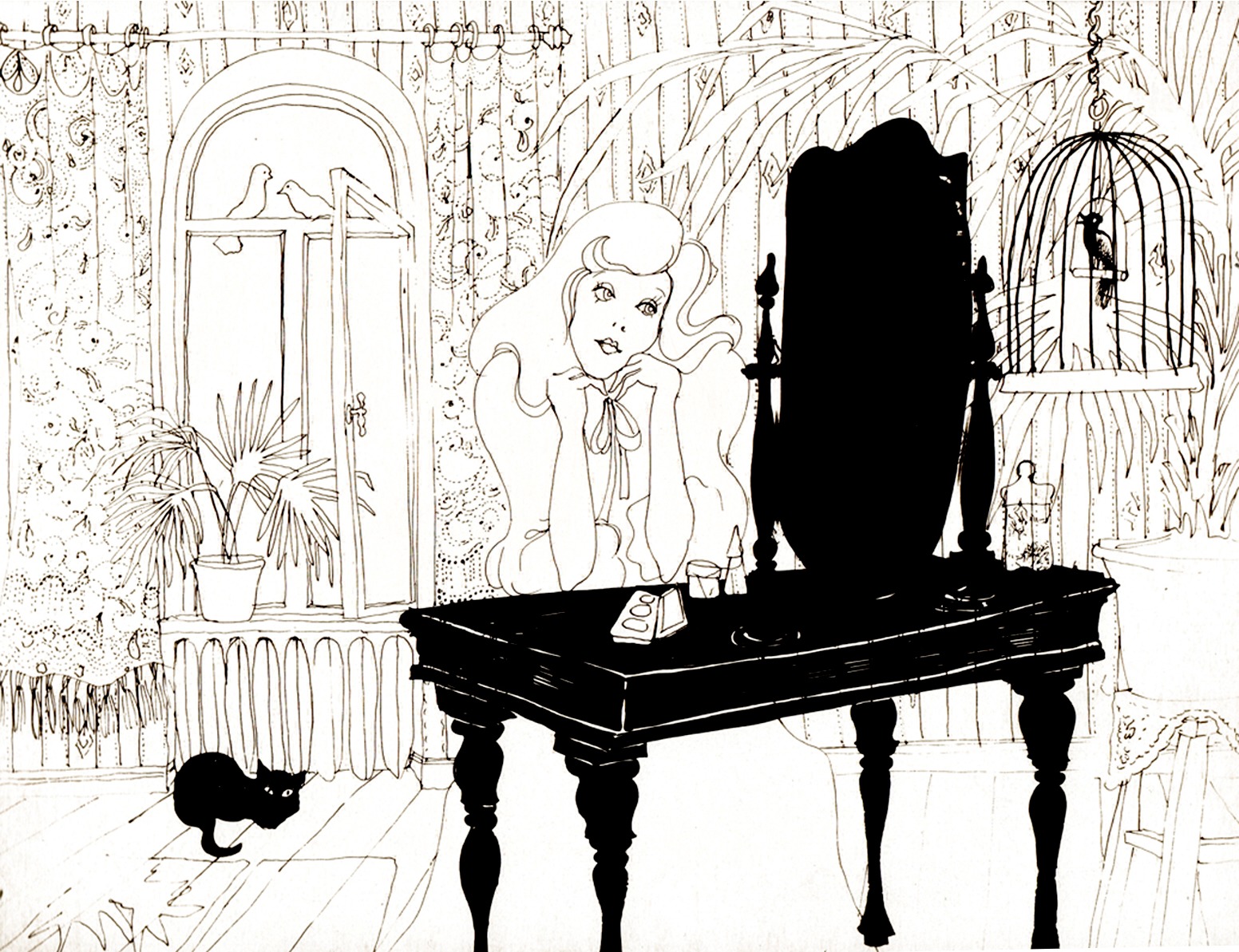 Drawing for Wolz Ilme meikki: a girl with long curls leans on a black dressing table before a black mirror, in a room of patterned wallpaper, plants, a birdcage and a black cat.
