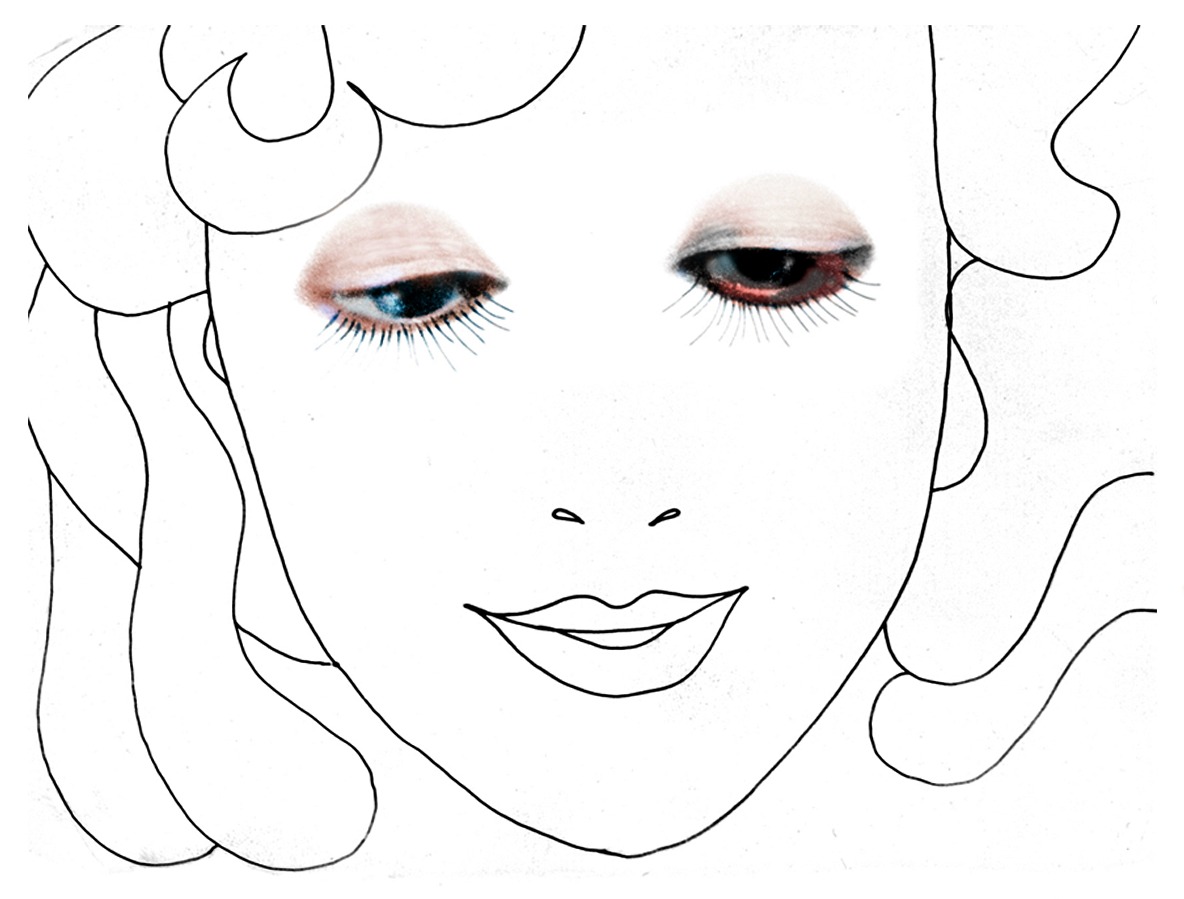 A face drawn in a few black lines, framed by curls, with photographed eyes in blue and brown eyeshadow set into it.
