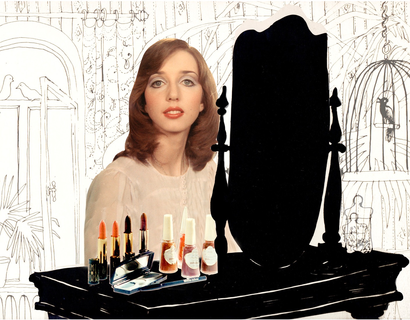 The end of Wolz Ilme meikki: a photographed young woman with long auburn hair sits in the drawn room behind the black dressing table, Wolz lipsticks and bottles before her.