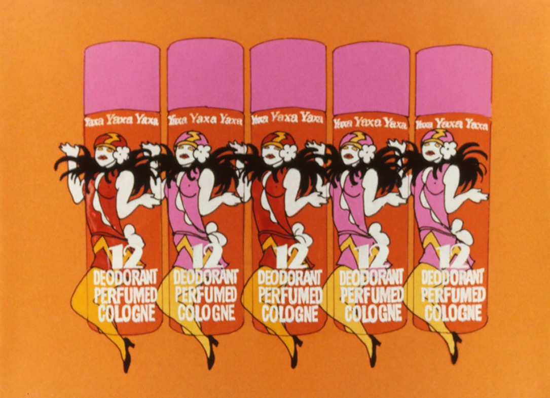 Still from Yaxa Cabaret: five pink-capped bottles numbered 12 on an orange ground, a dancing girl with flying black hair drawn on each.