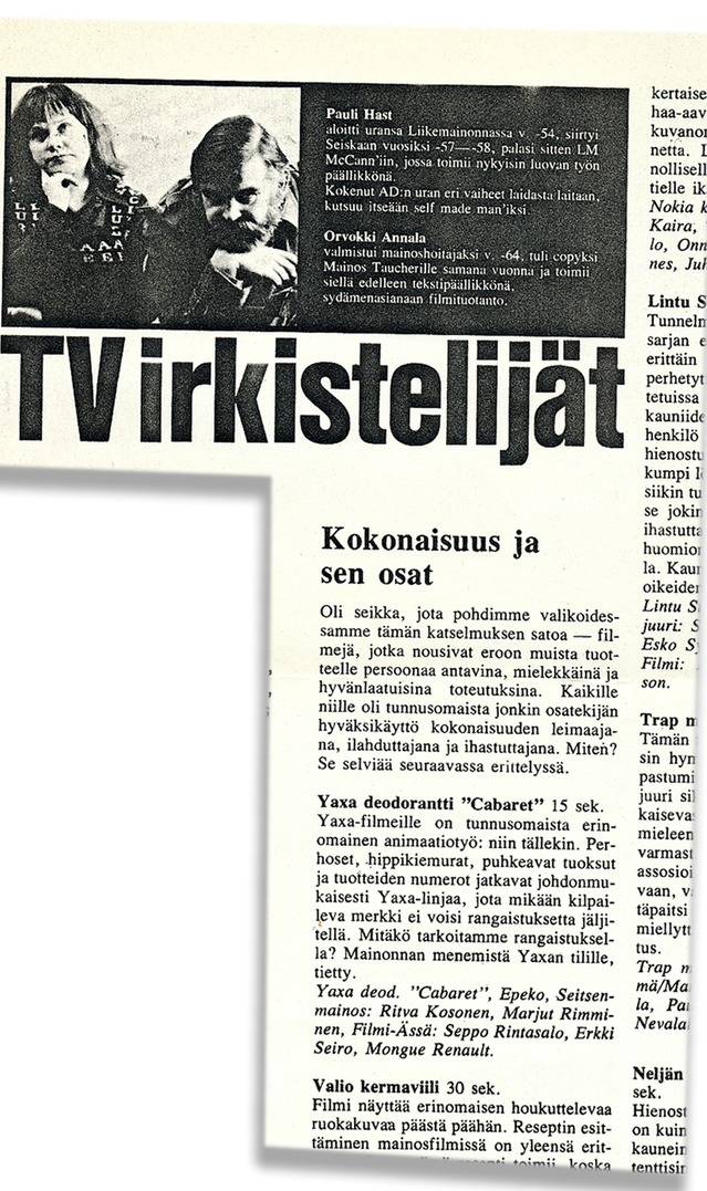 Newspaper cutting headed TV irkistelijät, with a photograph of two reviewers and a column on Yaxa deodorant Cabaret, 15 seconds, crediting Epeko, Seitsenmainos and Filmi-Ässä.