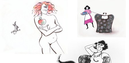 A selection of drawings shown in Film & Strip, a nude figure with apple, a woman with a market basket, a laughing woman in an armchair