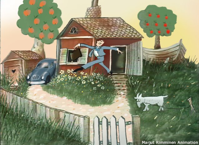 Fennia still, the man in a blue suit leaps out of the cottage door with his briefcase, past a flowerbed, the blue car and a tethered white goat, Marjut Rimminen Animation written in the corner