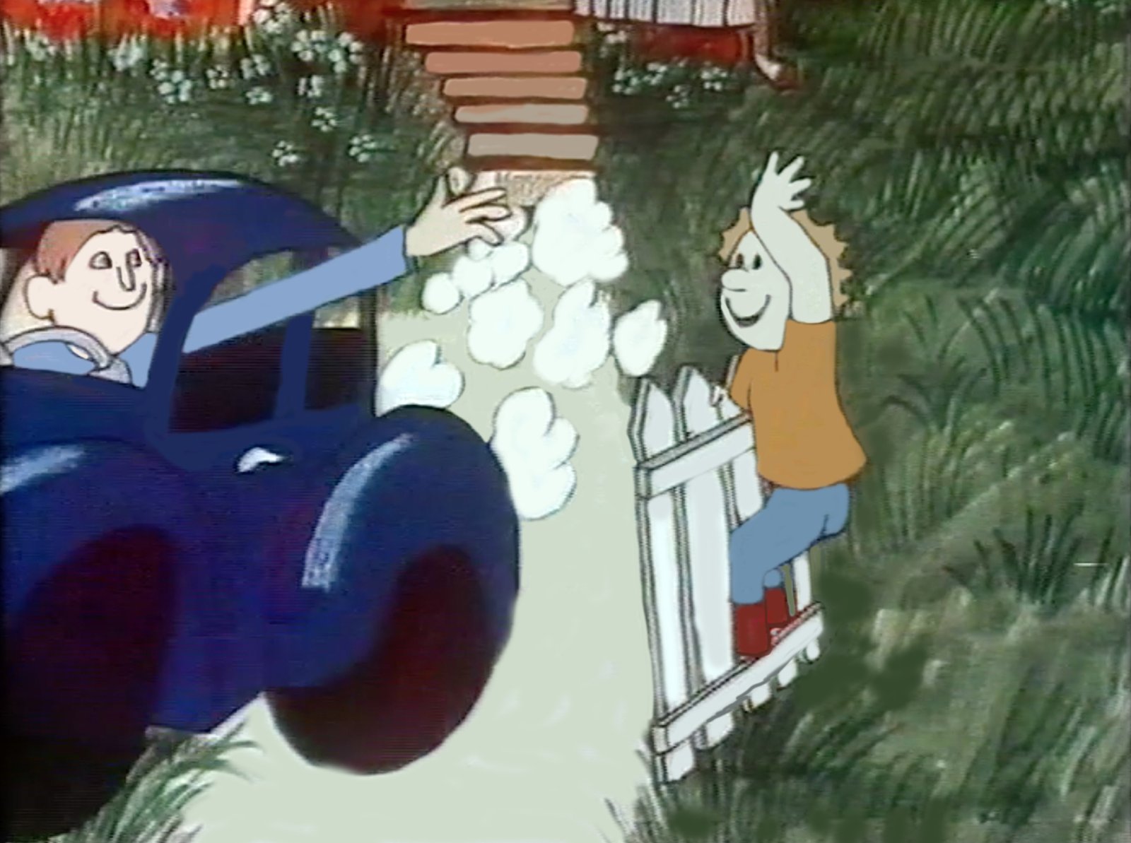 Fennia still, close on the man waving from the window of the blue car in a puff of exhaust, a child waving back from the white garden gate