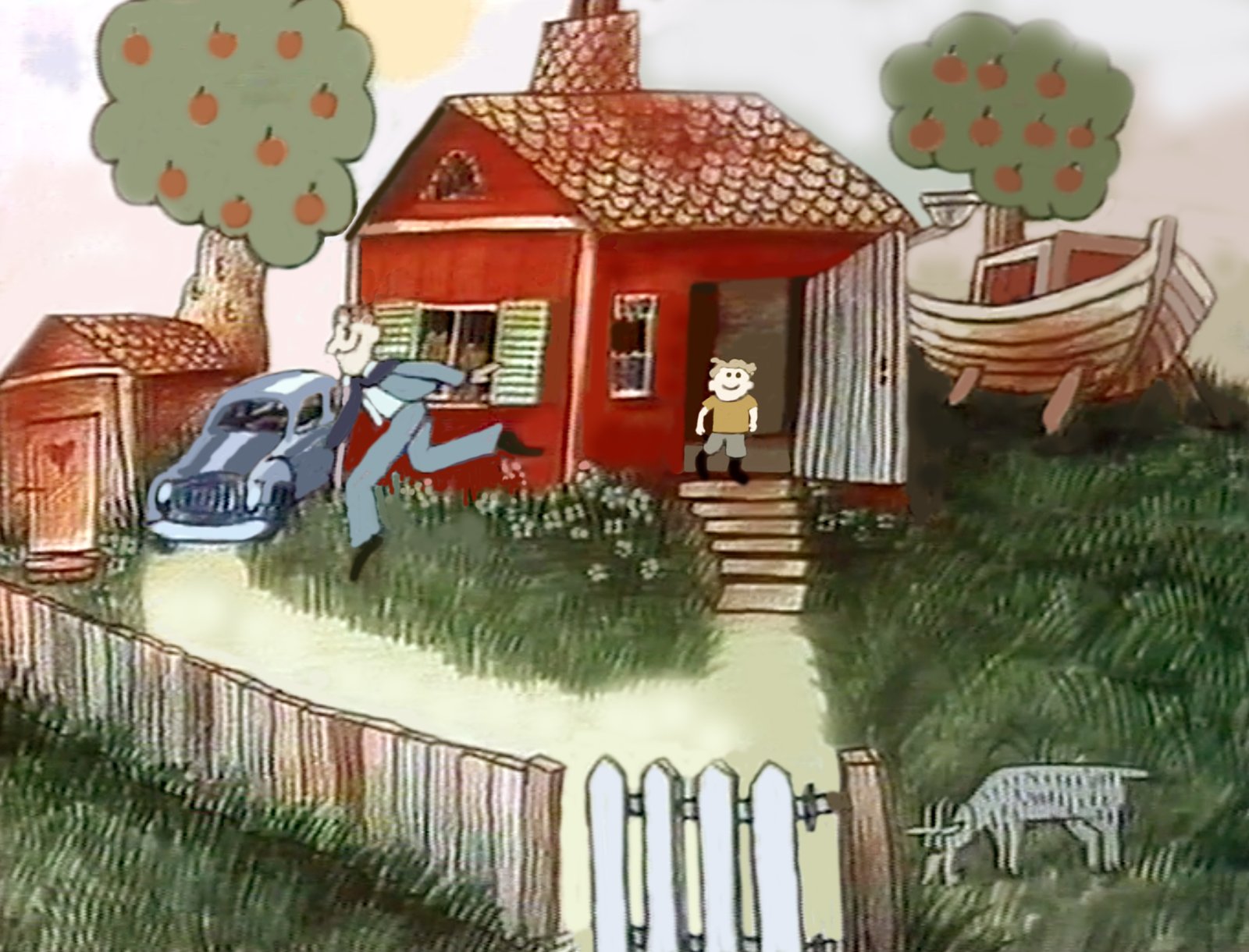 Kuva Fennia-mainoksesta, mies juoksee punaisen mökin vieressä olevalle siniselle autolle, pieni poika katsoo portailta ja vuohi laiduntaa portin luona