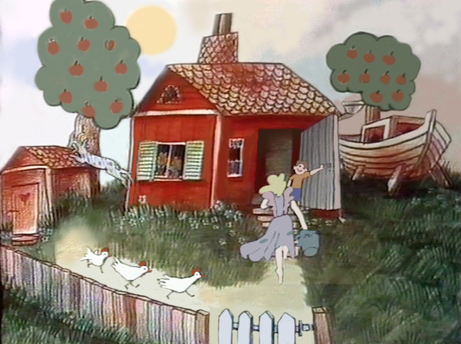 Kuva Fennia-mainoksesta, nainen kantaa vilkuttavaa poikaa mökin ovelle, polulla kolme valkoista kanaa ja omenapuusta loikkaa kissa