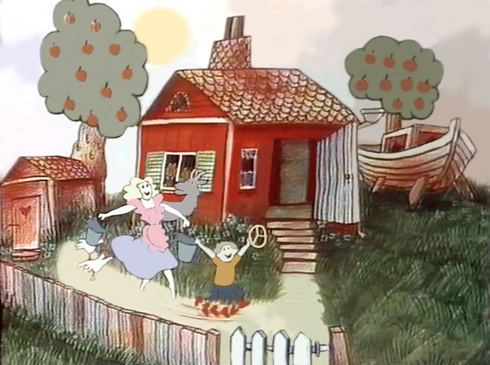 Fennia still, a woman in a pink apron dances down the path swinging two buckets, a child cheers on a tricycle beside her and a goat looks on from the cottage